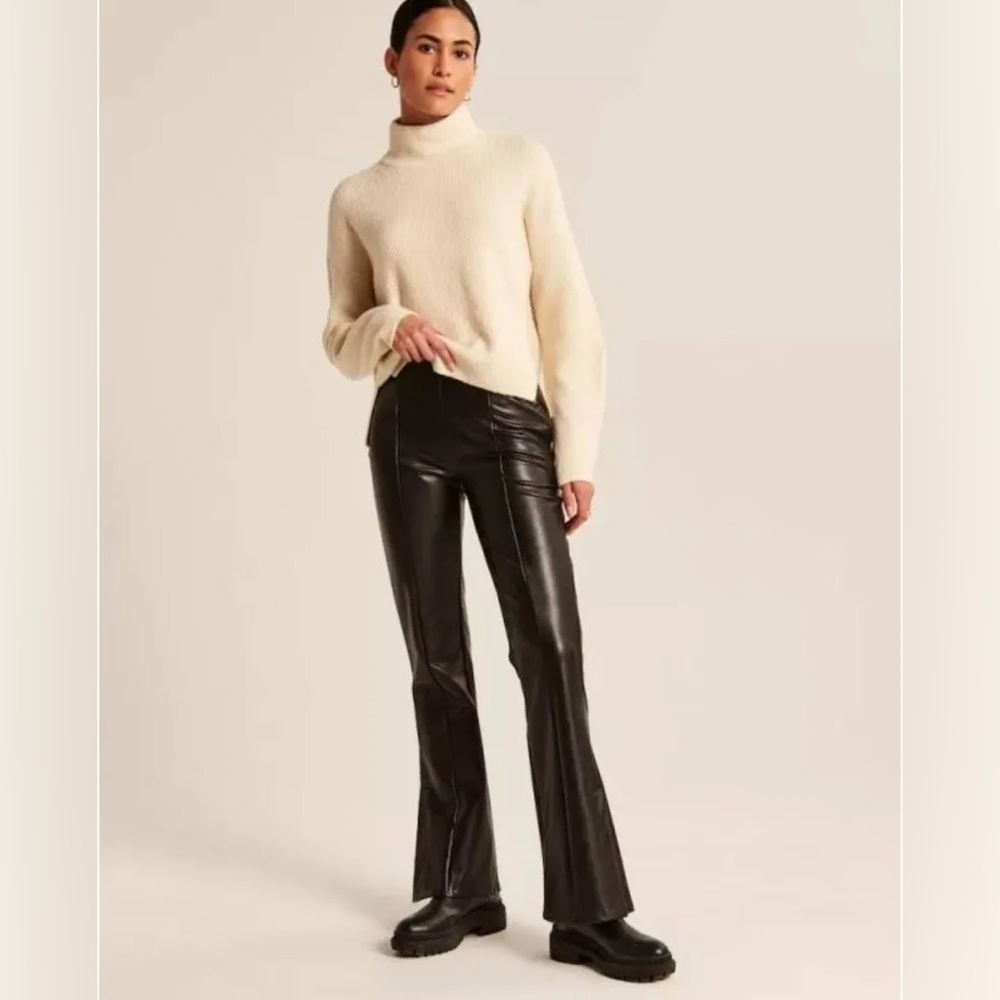 Abercrombie & Fitch Curve Love Vegan Black Leather Split-Hem Flare Pants